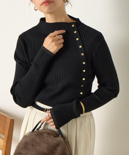 金色紐扣羅紋針織衫