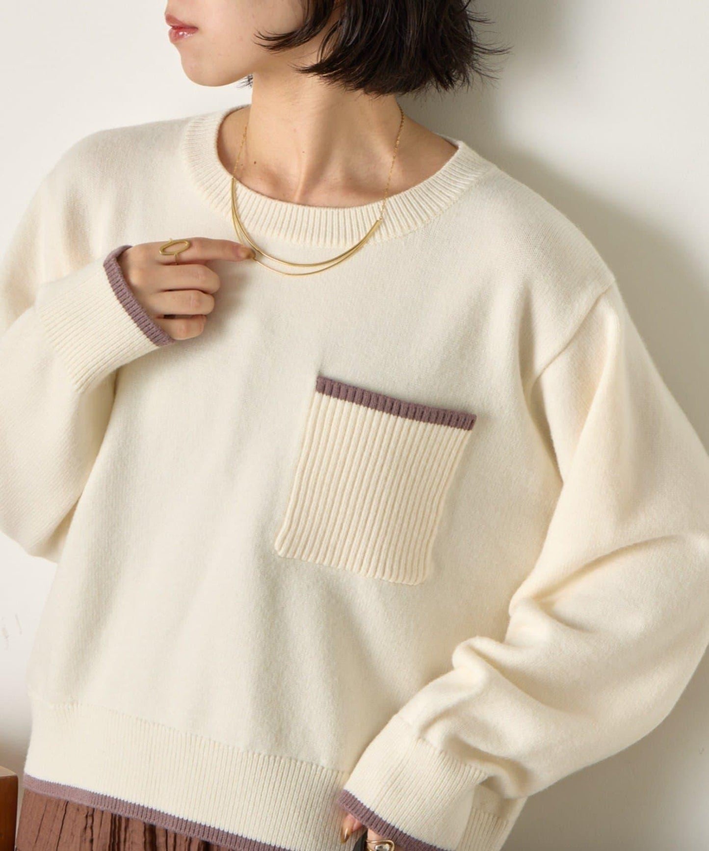 羅紋口袋拼色針織衫