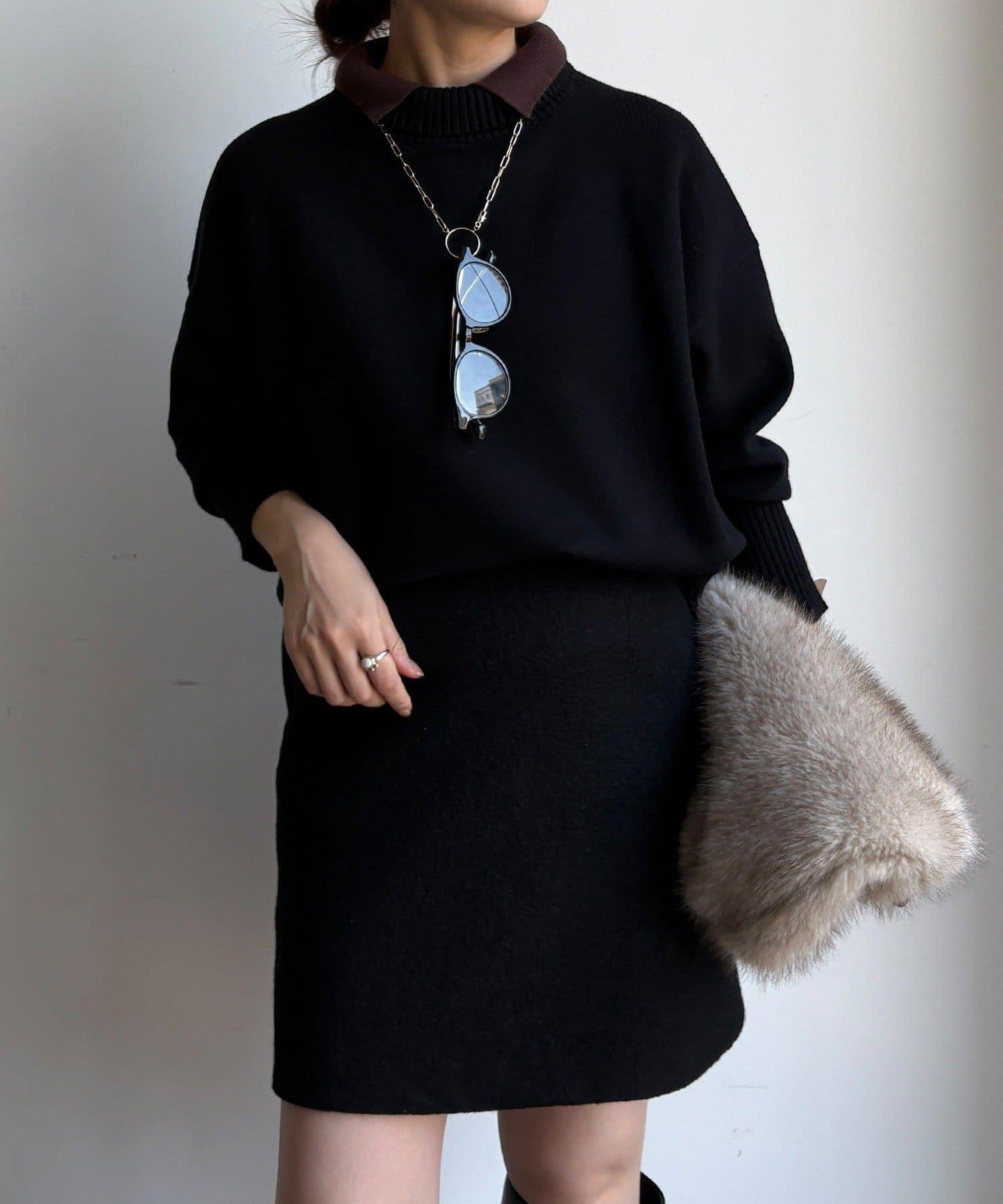 拼色雙層領針織上衣