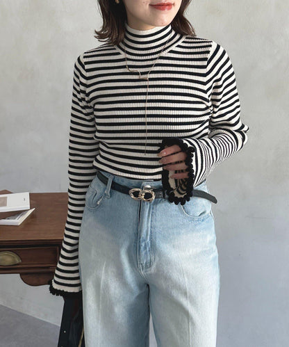 袖部荷葉邊喇叭袖高領針織衫