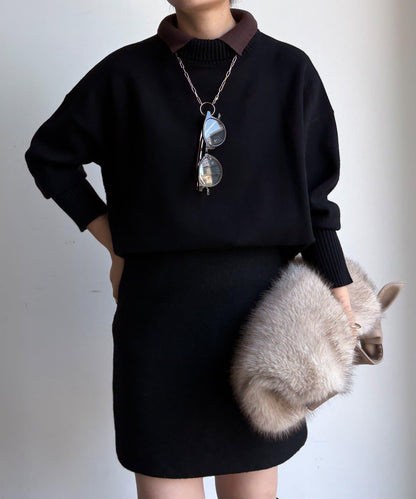 拼色雙層領針織上衣