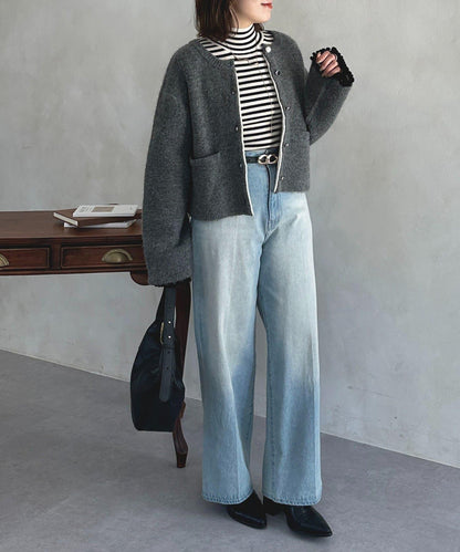 袖部荷葉邊喇叭袖高領針織衫