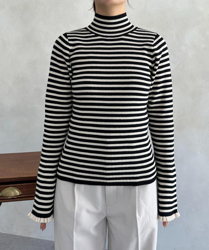 袖部荷葉邊喇叭袖高領針織衫