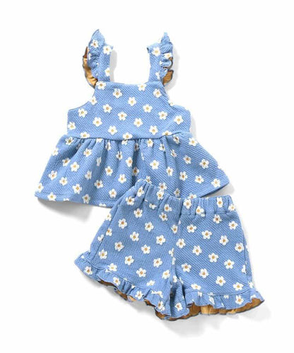 愛心花卉提花吊帶背心&荷葉邊短褲套裝 短款