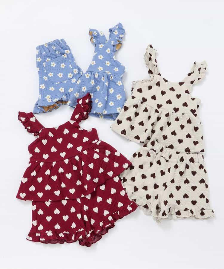 愛心花卉提花吊帶背心&荷葉邊短褲套裝 短款