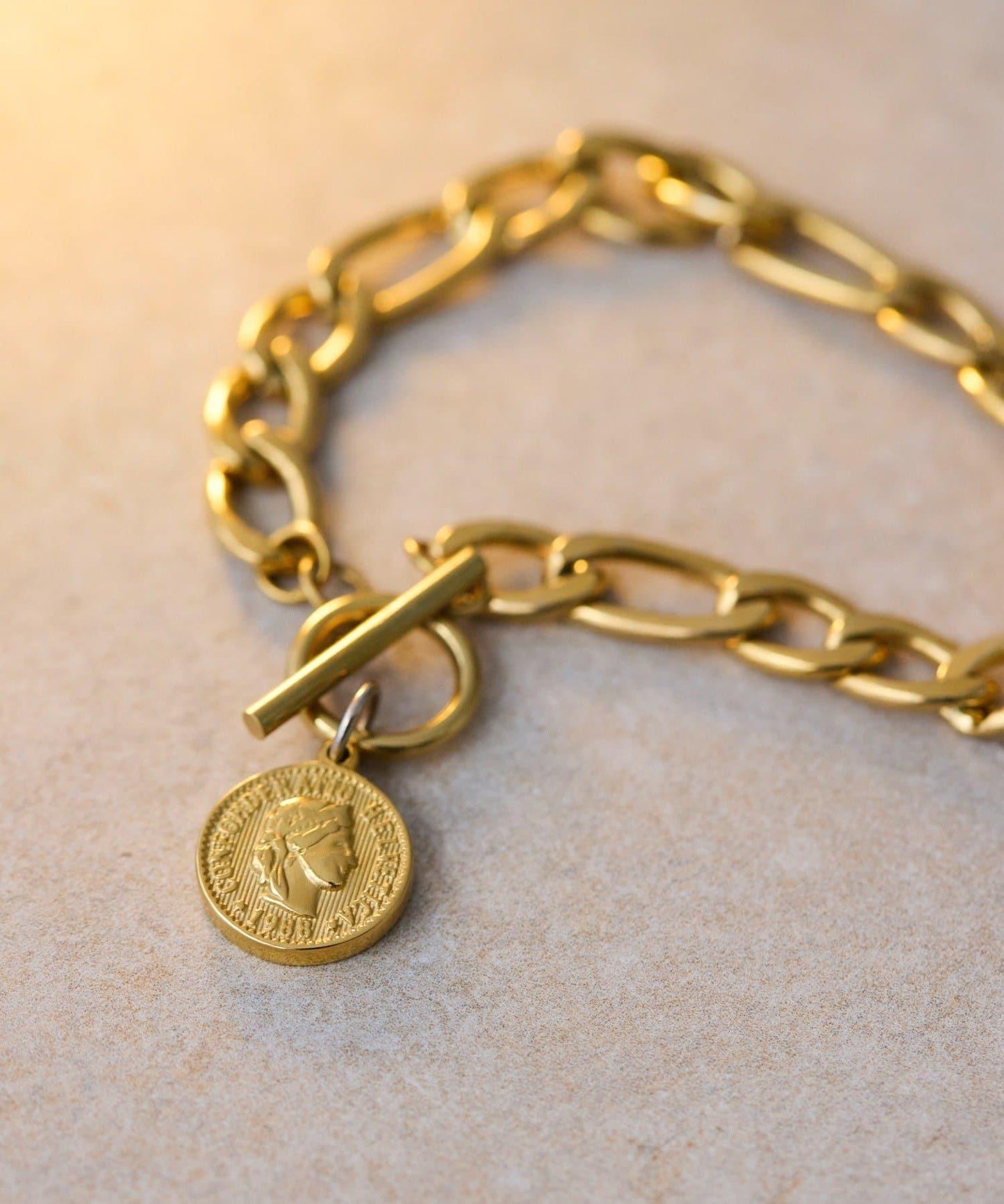 金屬過敏適用/不鏽鋼 帶硬幣吊墜菲加羅手鍊