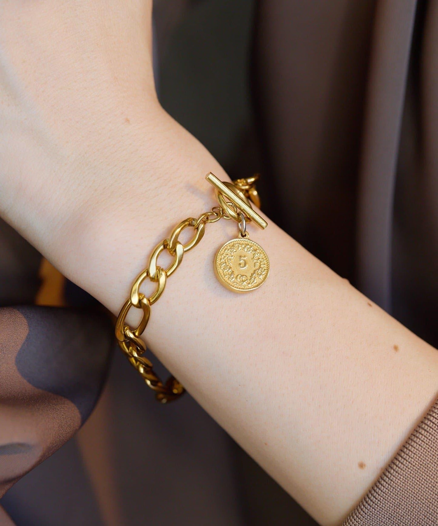 金屬過敏適用/不鏽鋼 帶硬幣吊墜菲加羅手鍊