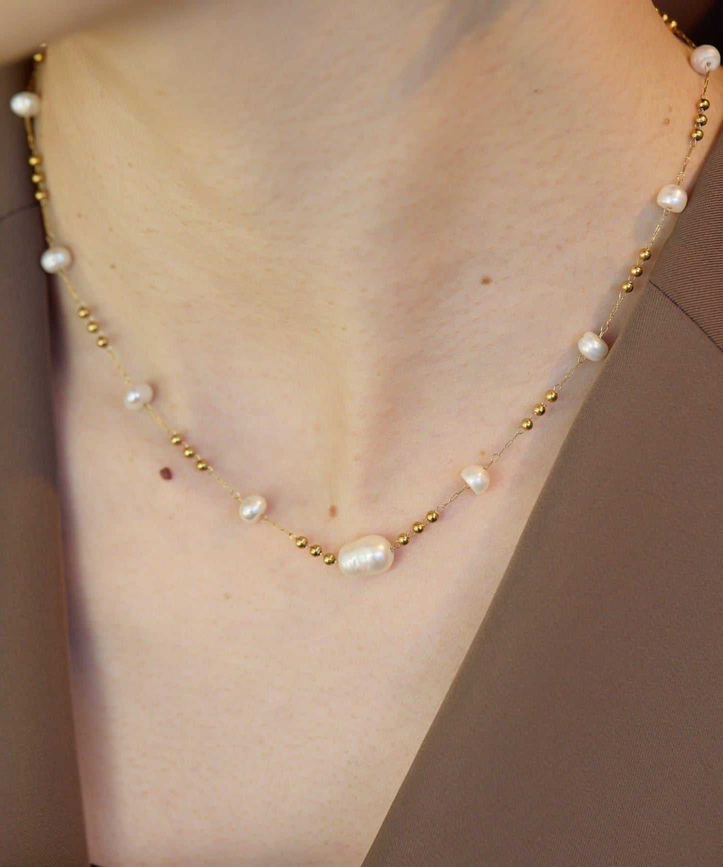 金屬過敏適用/不鏽鋼設計珍珠鏈條項鍊