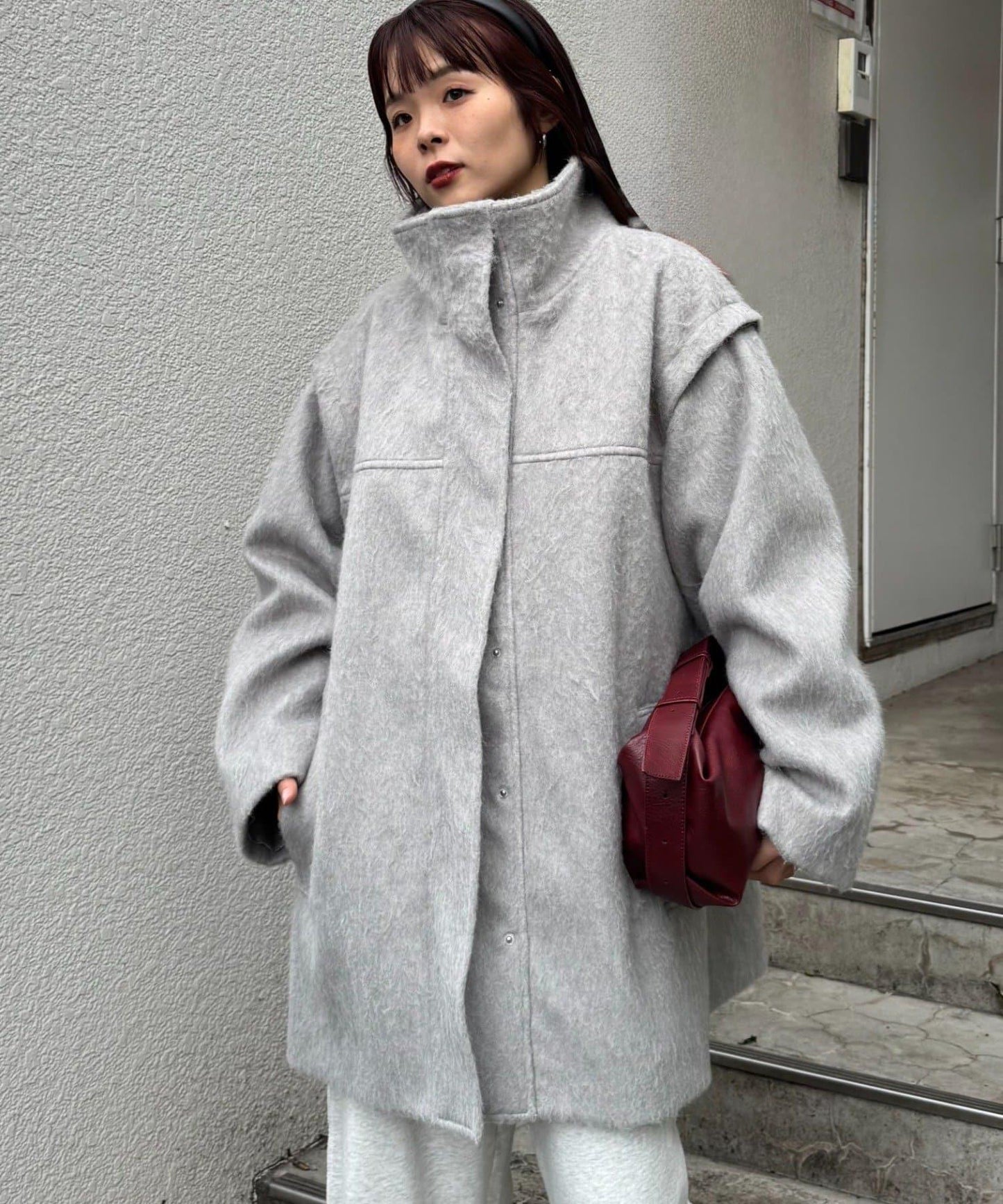 可拆卸毛絨袖立領中長款外套