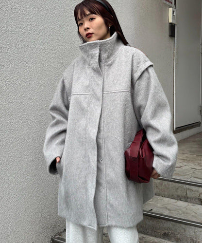 可拆卸毛絨袖立領中長款外套