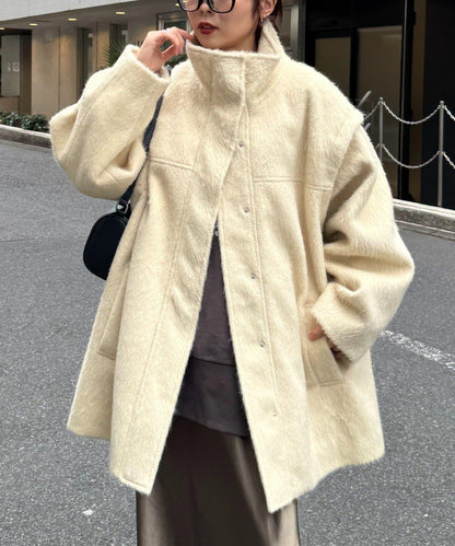 可拆卸毛絨袖立領中長款外套