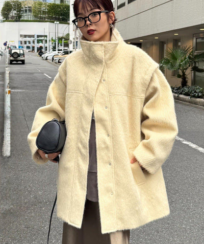 可拆卸毛絨袖立領中長款外套