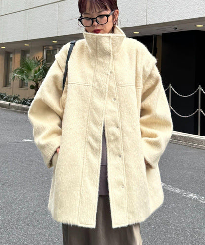 可拆卸毛絨袖立領中長款外套