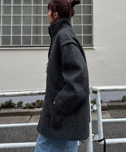 可拆卸毛絨袖立領中長款外套