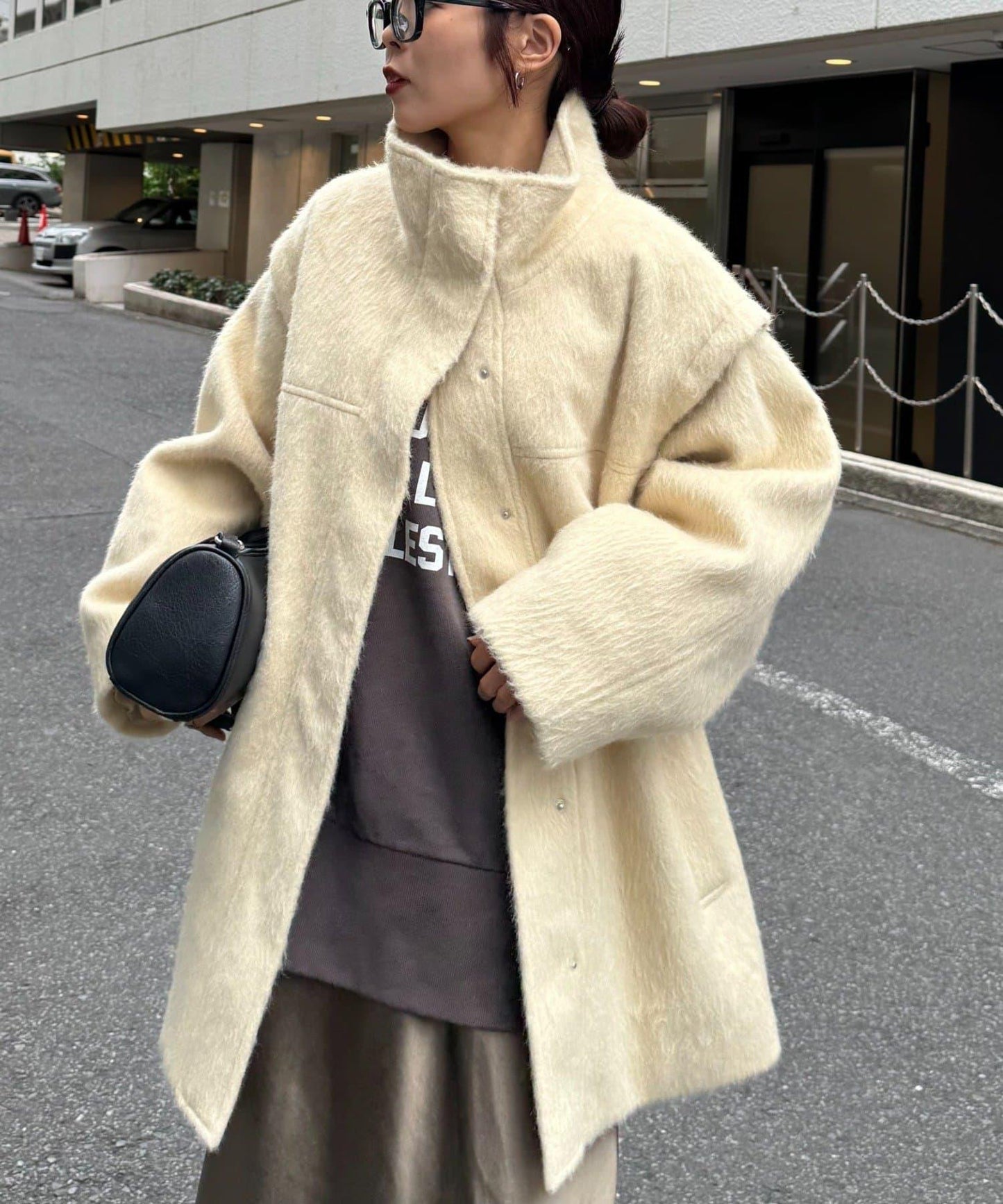 可拆卸毛絨袖立領中長款外套