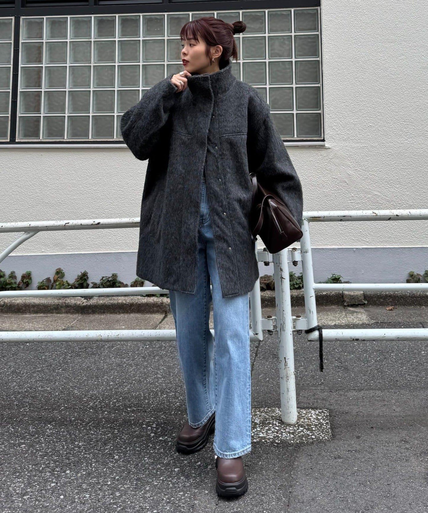 可拆卸毛絨袖立領中長款外套