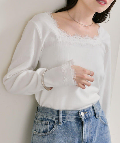 方領蕾絲長袖T恤
