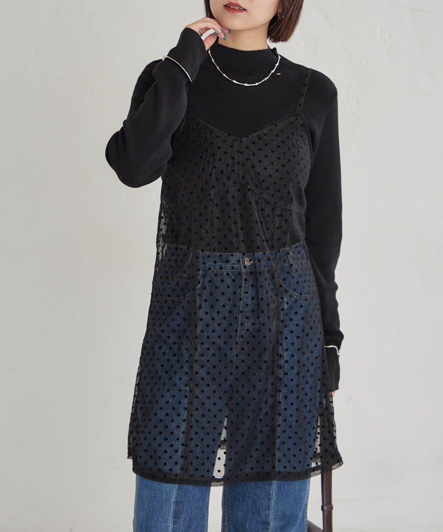波點網紗吊帶長款上衣