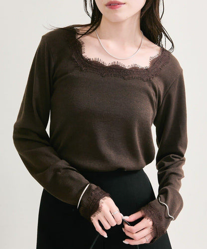 方領蕾絲長袖T恤