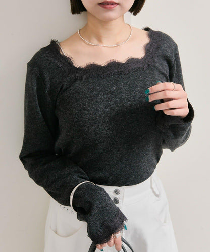方領蕾絲長袖T恤