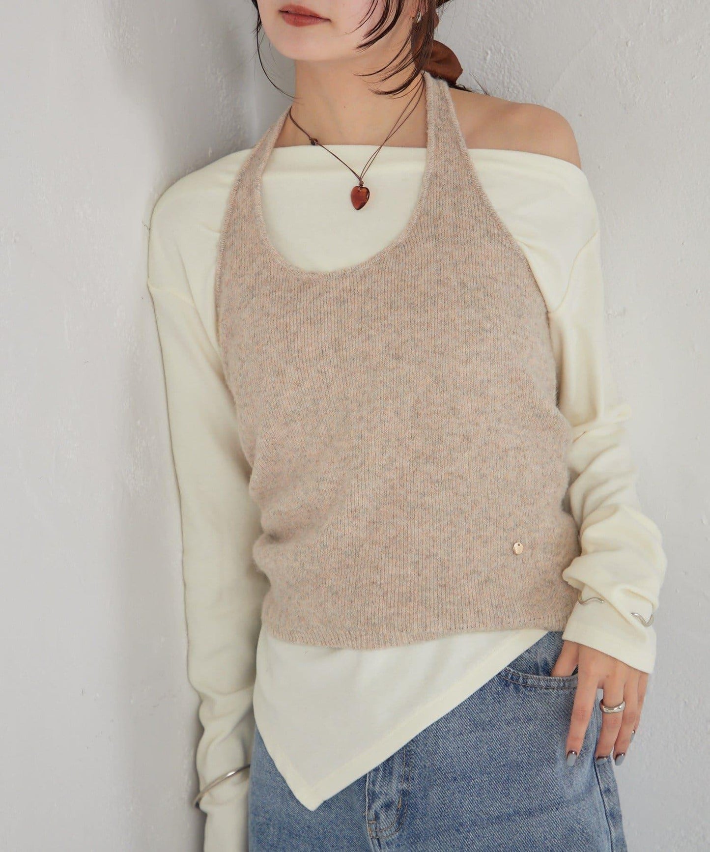 掛脖短款背心套裝長袖T恤