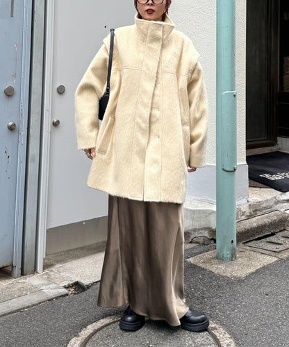 可拆卸毛絨袖立領中長款外套