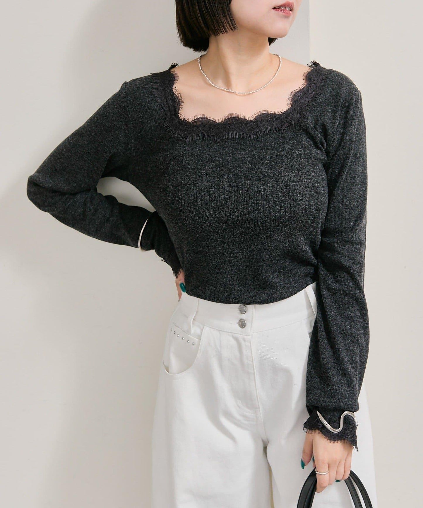 方領蕾絲長袖T恤