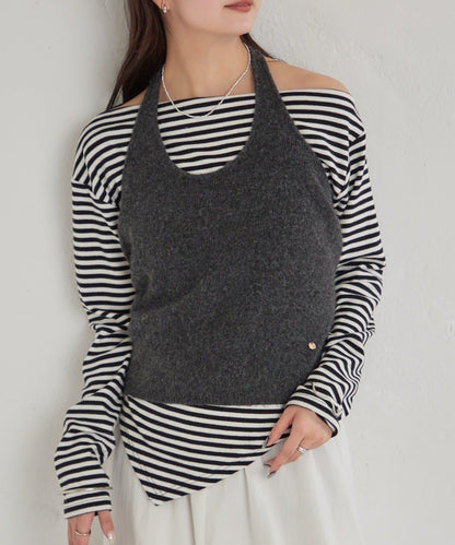 掛脖短款背心套裝長袖T恤