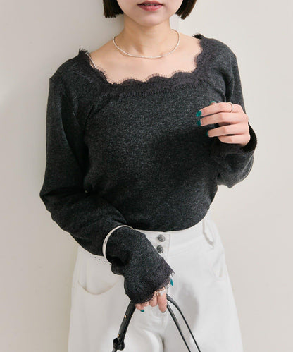 方領蕾絲長袖T恤