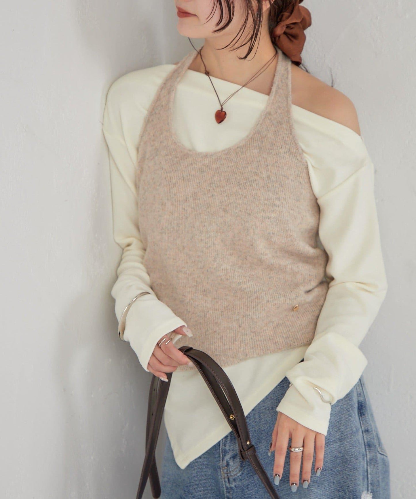 掛脖短款背心套裝長袖T恤