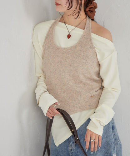 掛脖短款背心套裝長袖T恤