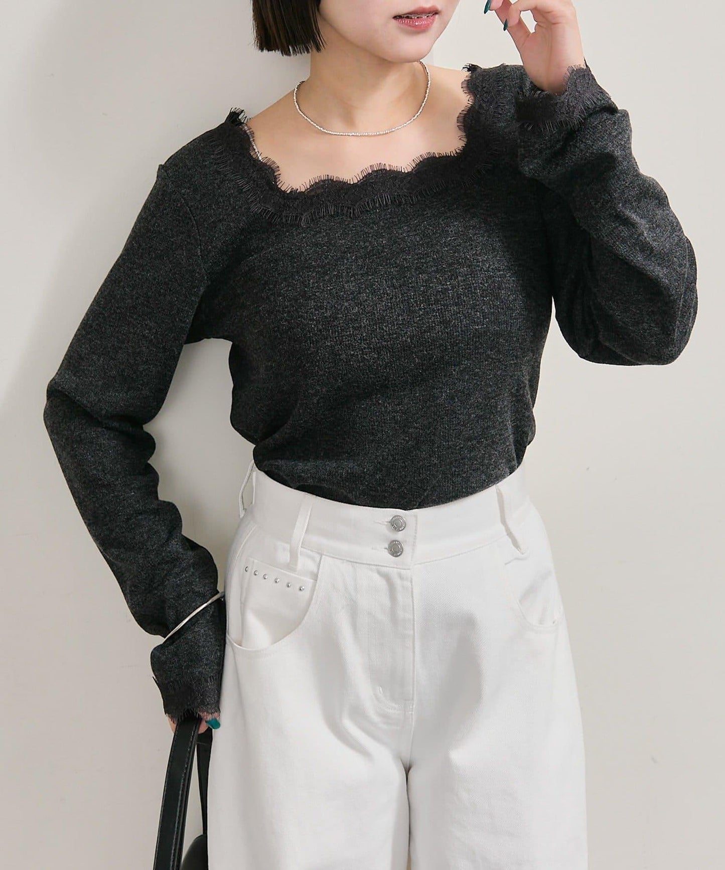 方領蕾絲長袖T恤