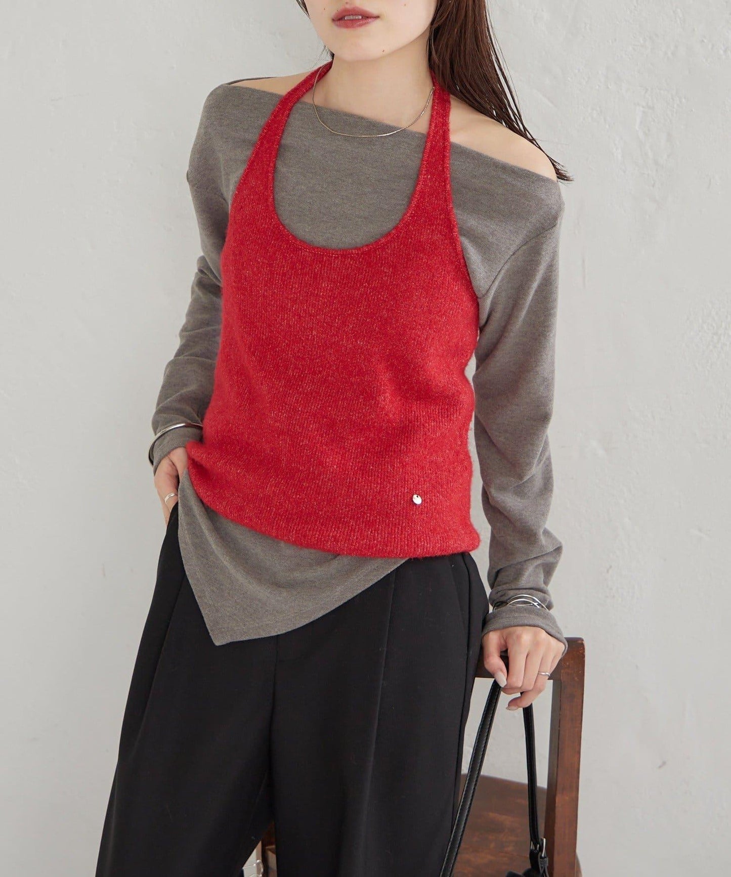 掛脖短款背心套裝長袖T恤