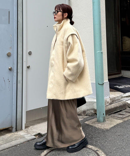 可拆卸毛絨袖立領中長款外套