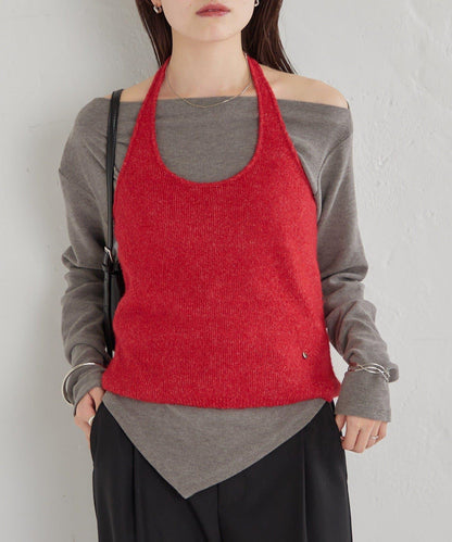 掛脖短款背心套裝長袖T恤