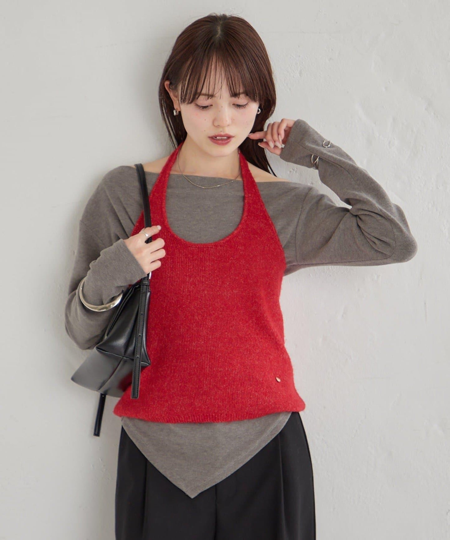 掛脖短款背心套裝長袖T恤