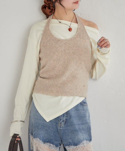 掛脖短款背心套裝長袖T恤