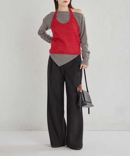 掛脖短款背心套裝長袖T恤