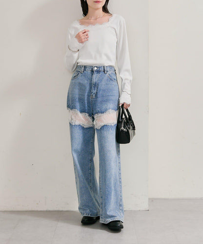 方領蕾絲長袖T恤