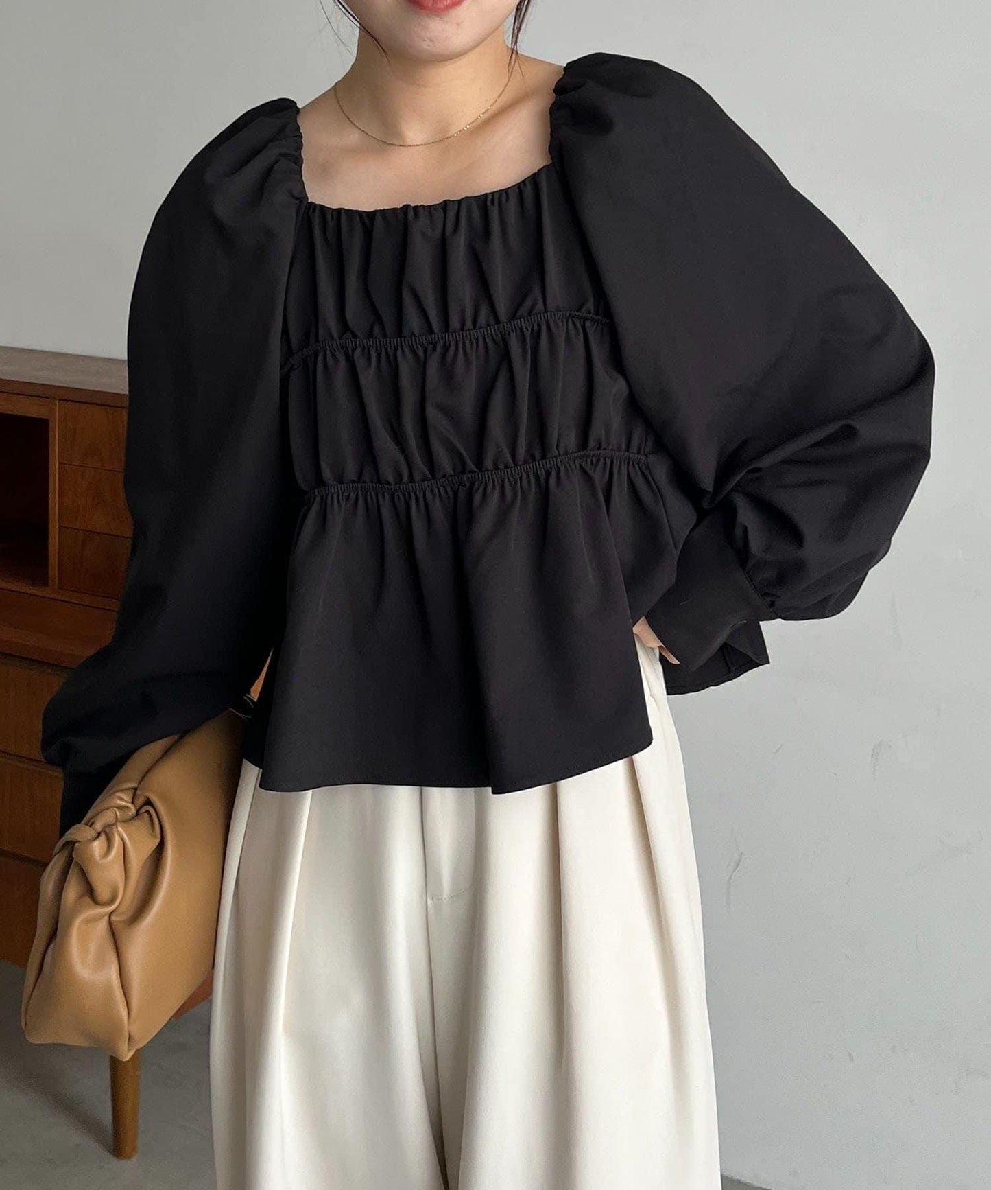 【前後兩穿設計】方領泡泡袖襯衫