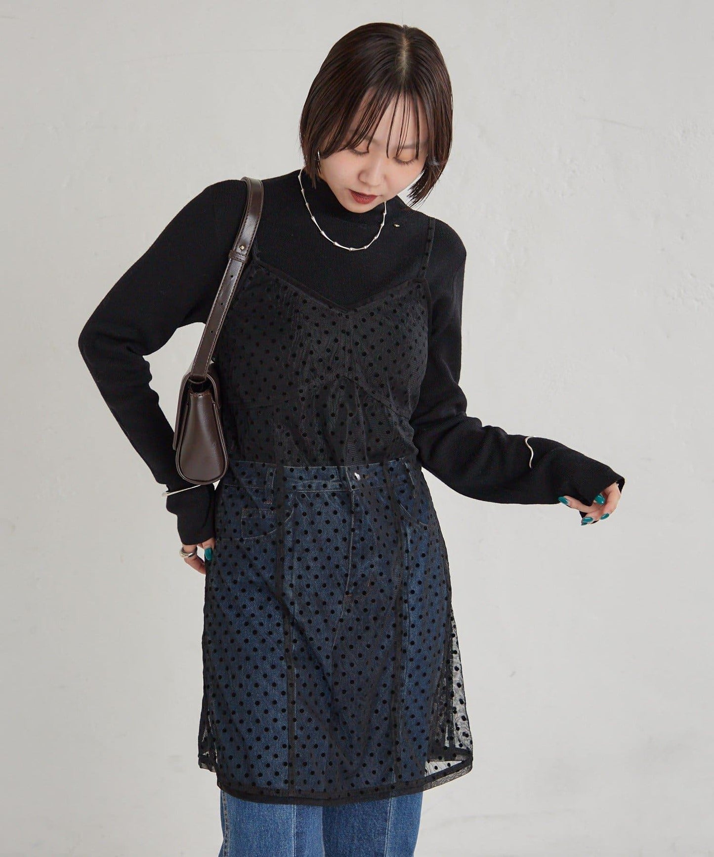 波點網紗吊帶長款上衣