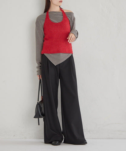 掛脖短款背心套裝長袖T恤