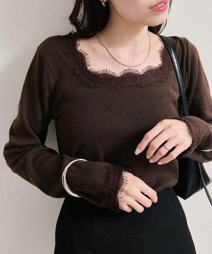 方領蕾絲長袖T恤