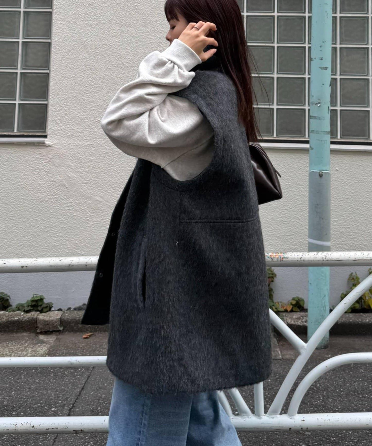 可拆卸毛絨袖立領中長款外套