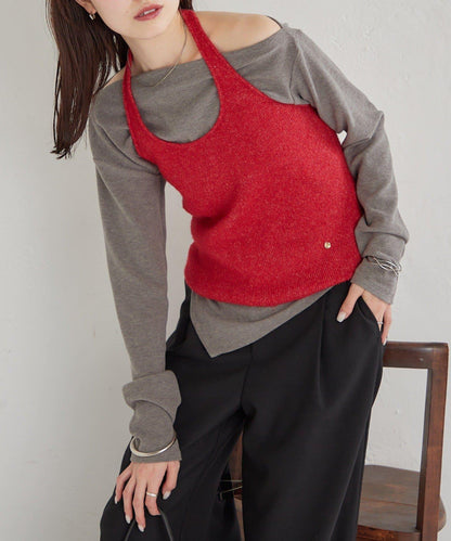 掛脖短款背心套裝長袖T恤