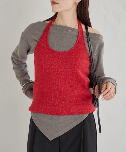 掛脖短款背心套裝長袖T恤