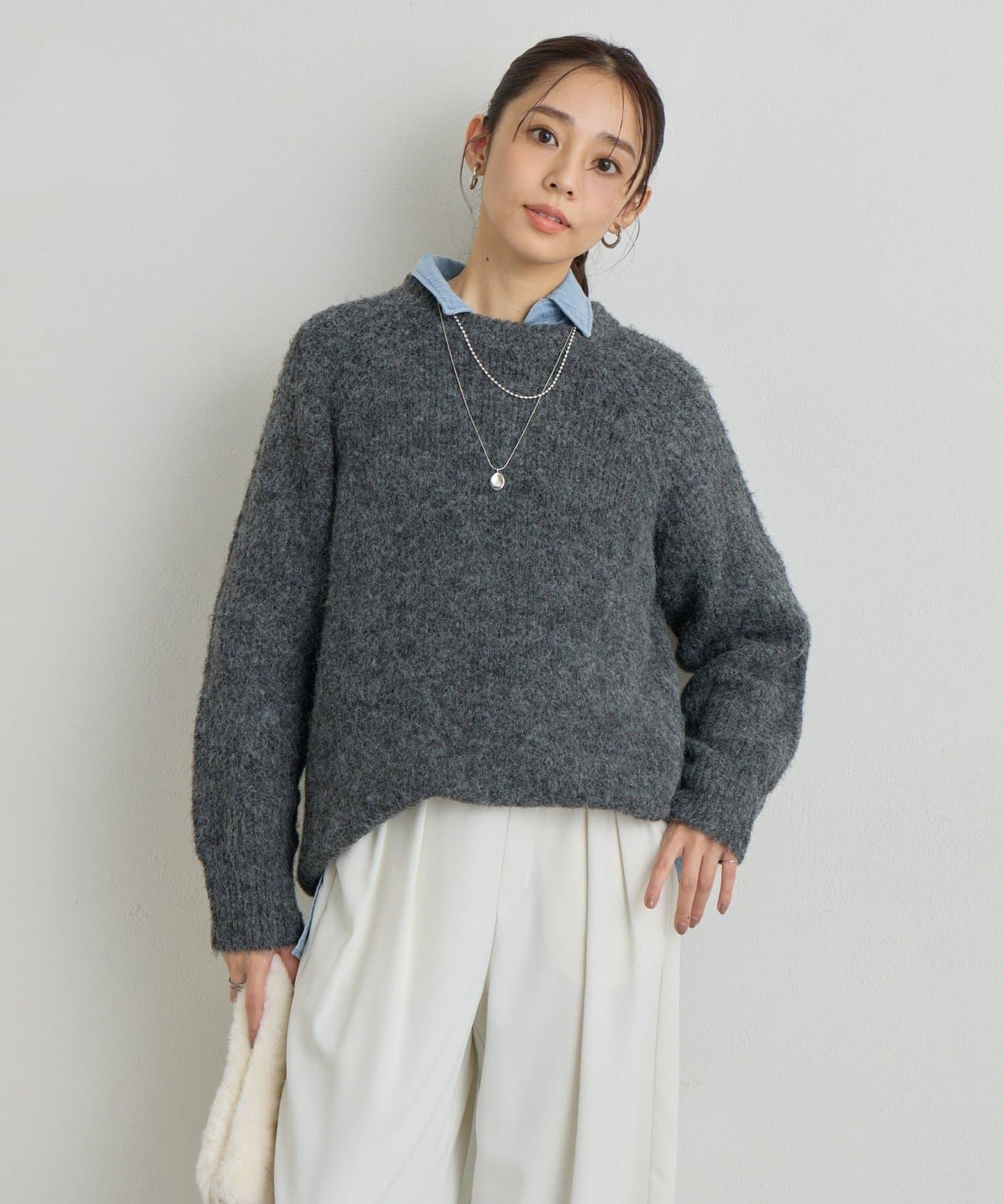 《ふんわり暖か》羊駝絨感插肩袖針織衫