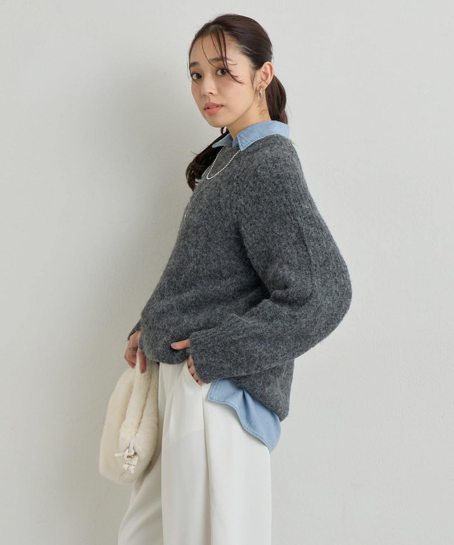 《ふんわり暖か》羊駝絨感插肩袖針織衫