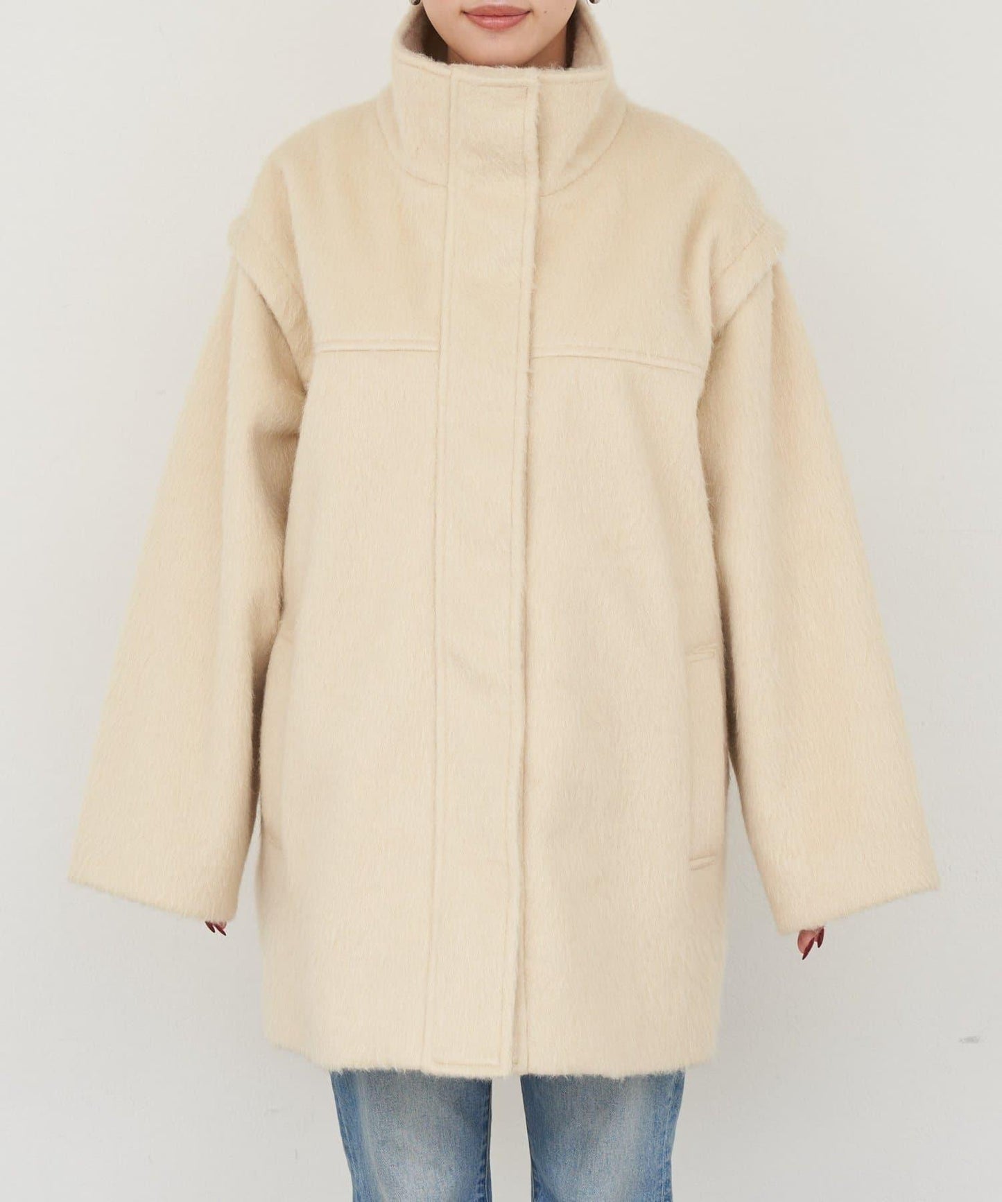 可拆卸毛絨袖立領中長款外套