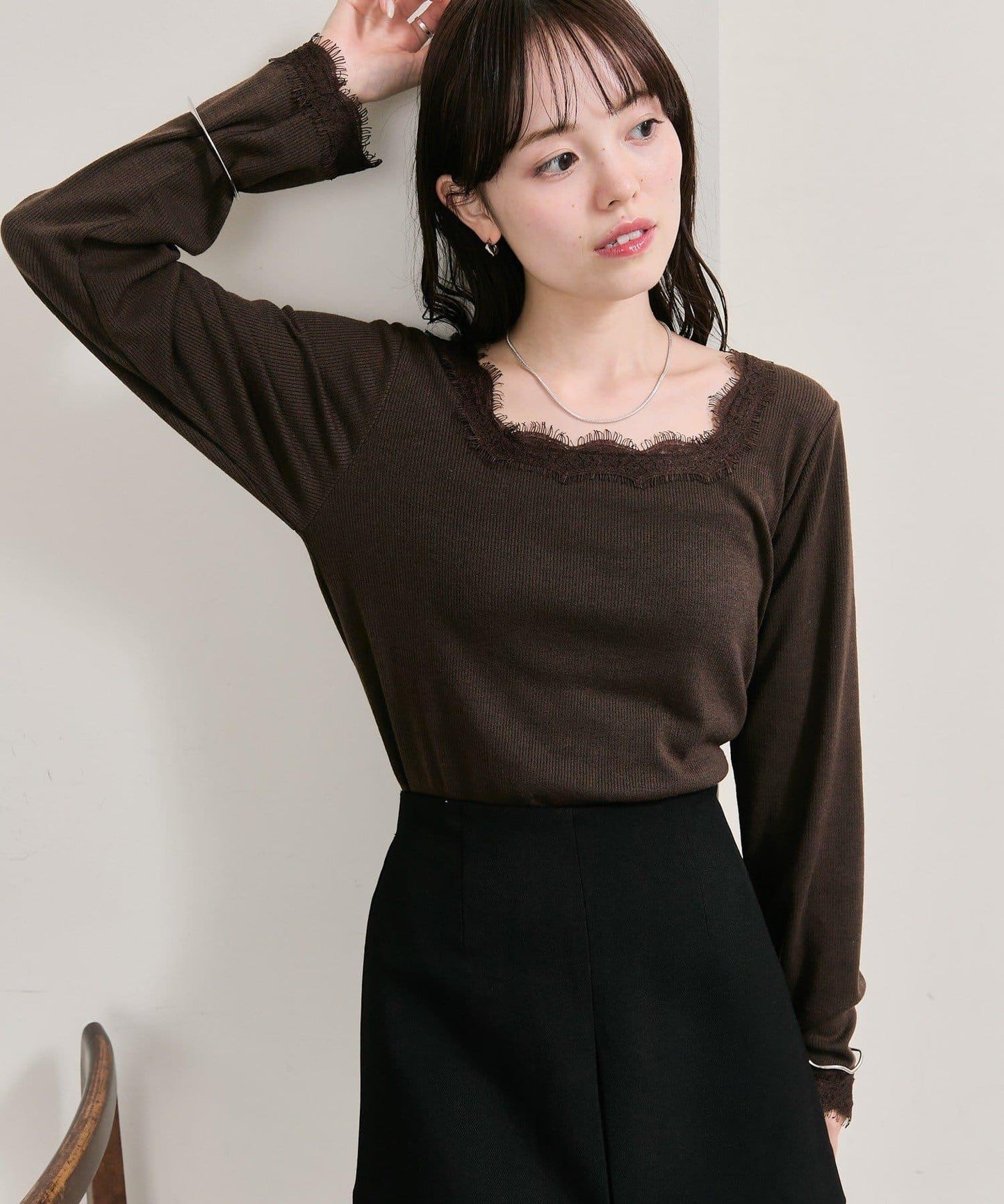 方領蕾絲長袖T恤